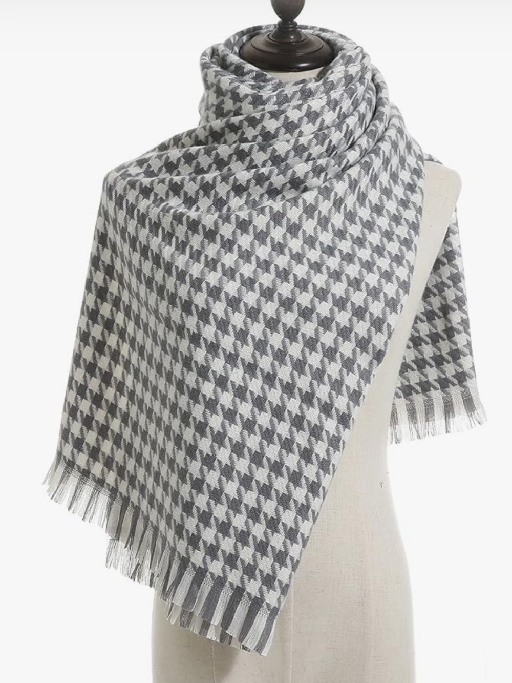 Gray & White Houndstooth Fringe Scarf